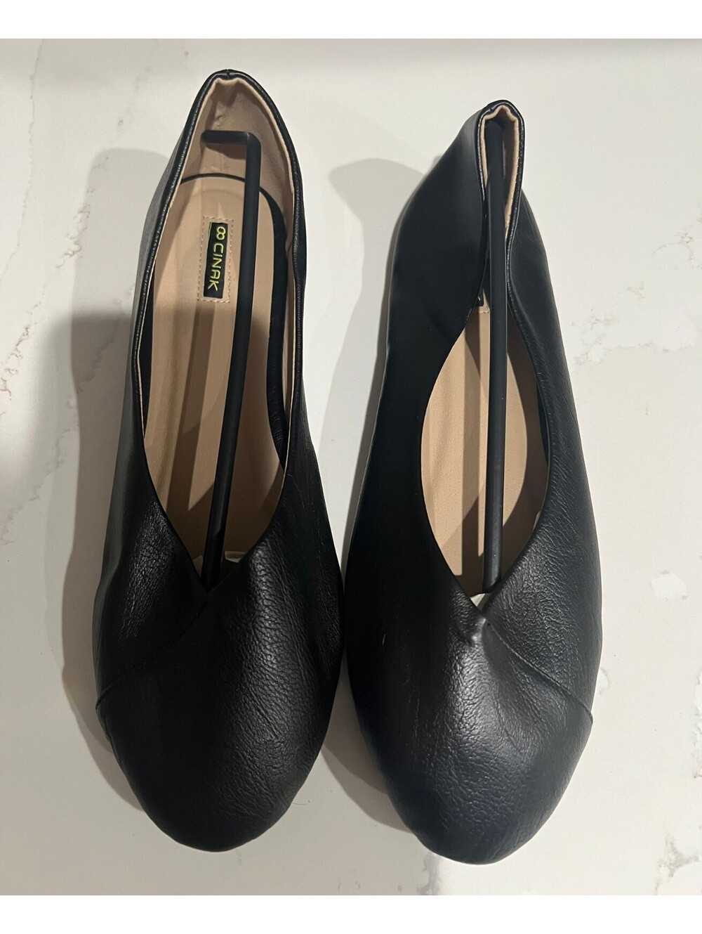 CINAK Women's Black Leather V-Neck Ballet – High Vamp Slip-On Shoes Size 8B (M)